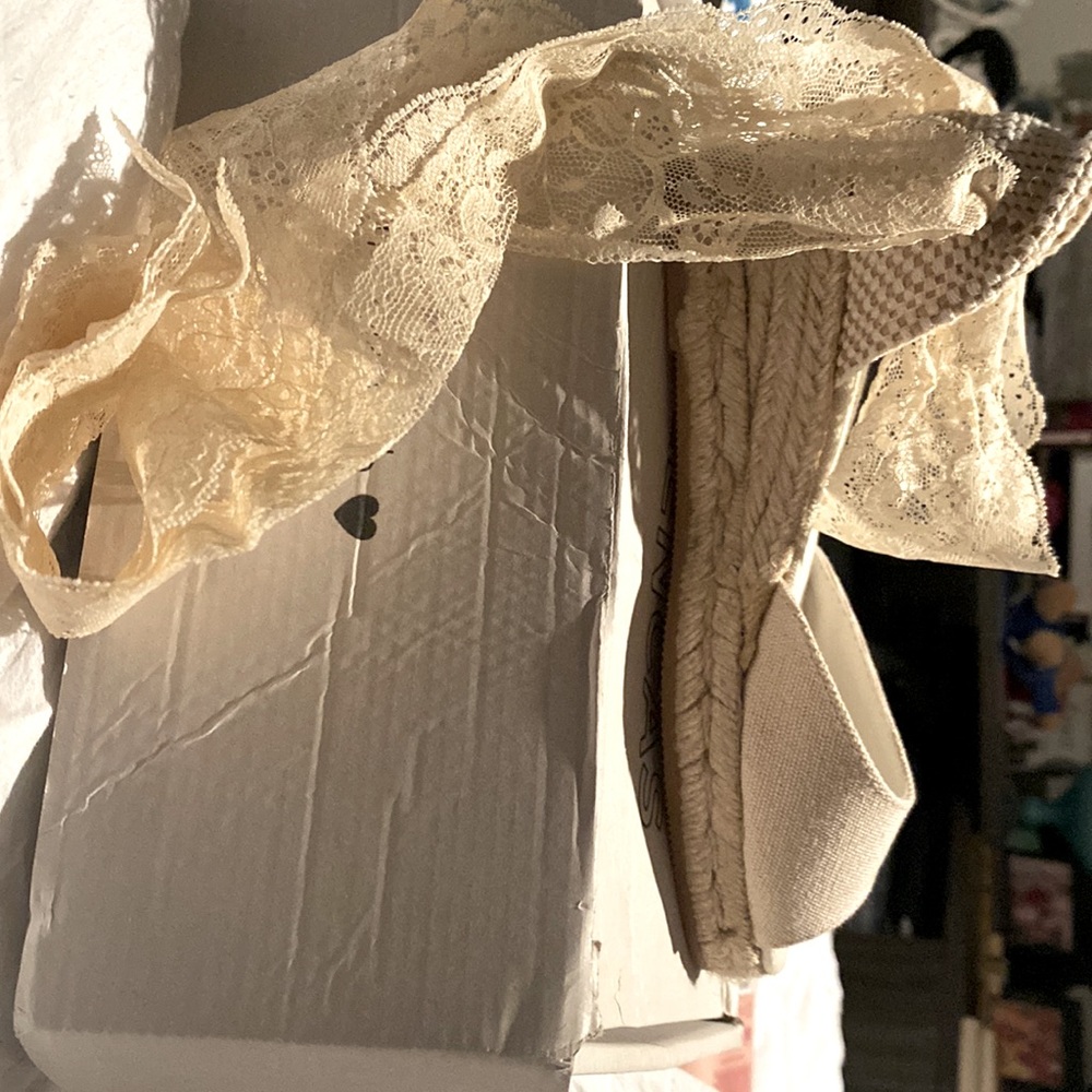 Ibizencas Wedding wedge peep toe shoe. Lace around ankle and tie in back. Ecru